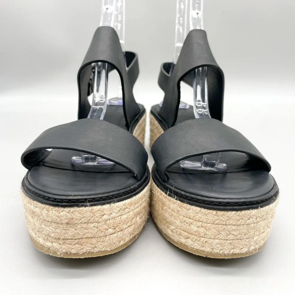 Vince Womens 10M Janet Espadrille Platform Sandals Black Leather Jute Wedge Boho